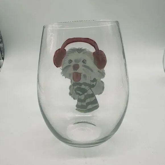 Christmas Holiday Dogs Stemless Wine Glasses Pier 1 Imports Hand Painted - Picture 10 of 16